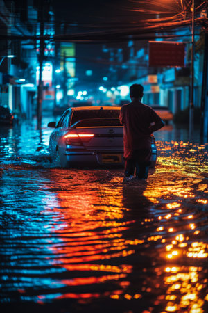 The streets of the great city, pouring with heavy rain, the accumulated water on the streets submerged the cars, and the cars were immersed in the water. Climate changeの素材