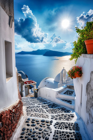 Generative AI illustration of streets and white houses with blue roofs of Santorini in Greece on a sunny day. Typical Mediterranean construction. Holidaysblue roofs of Santorini in Greece on a sunny day. Typical Mediterranean construction. Holidaysの素材