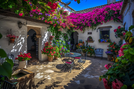 Typical Andalusian patio with tables, chairs and flowers on a bright and sunny day. Typical Spanish architectureの素材