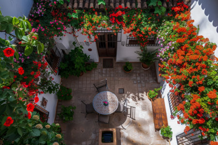 Typical Andalusian patio with tables, chairs and flowers on a bright and sunny day. Typical Spanish architectureの素材