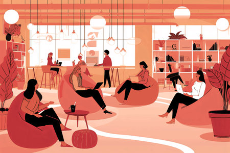 modern bright light business environment, and ecological, with people working. Coworking. Artwork illustration styleの素材