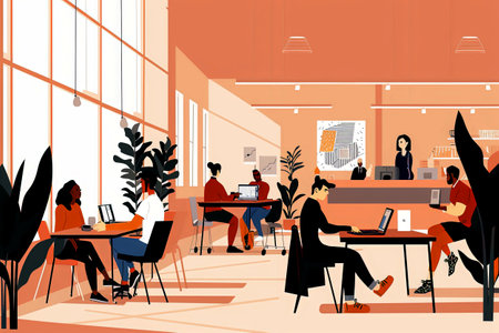 modern bright light business environment, and ecological, with people working. Coworking. Artwork illustration styleの素材