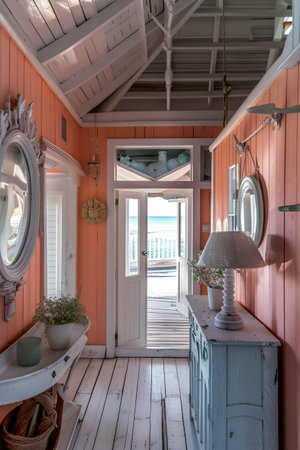 Entryway in seaside cottage decorated with pastel colors and natural light. interior designの素材