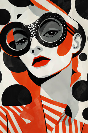 illustration of a woman wearing goggles, in the style of bold geometrics in peach and white colors. digital artの素材