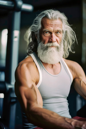 Generative AI illustration of very muscular old man with long gray hair training in a gym with dumbbells.Healthcare conceptの素材