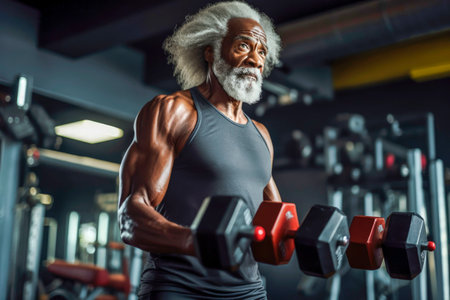 Generative AI illustration of very muscular old man with long gray hair training in a gym with dumbbells.Healthcare conceptの素材