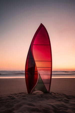 Generative AI illustration of a vividly colored surfboard stuck in the sand of a beach on holidays. summer conceptの素材