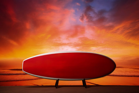 Generative AI illustration of a vividly colored surfboard stuck in the sand of a beach on holidays. summer conceptの素材