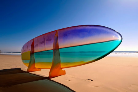 Generative AI illustration of a vividly colored surfboard stuck in the sand of a beach on holidays. summer conceptの素材