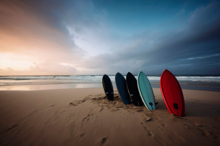 Generative AI illustration of a vividly colored surfboard stuck in the sand of a beach on holidays. summer conceptの素材