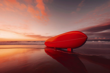 Generative AI illustration of a vividly colored surfboard stuck in the sand of a beach on holidays. summer conceptの素材