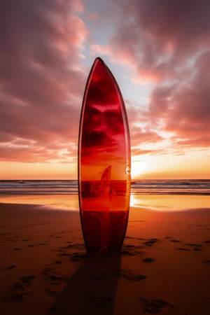 Generative AI illustration of a vividly colored surfboard stuck in the sand of a beach on holidays. summer conceptの素材