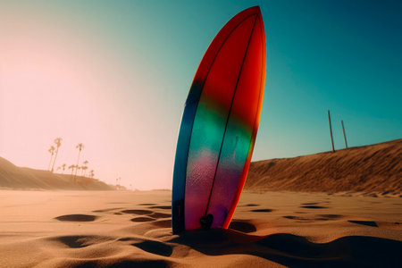 Generative AI illustration of a vividly colored surfboard stuck in the sand of a beach on holidays. summer conceptの素材