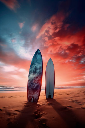 Generative AI illustration of a vividly colored surfboard stuck in the sand of a beach on holidays. summer conceptの素材