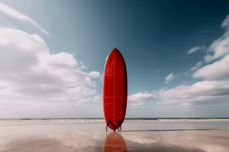 Generative AI illustration of a vividly colored surfboard stuck in the sand of a beach on holidays. summer conceptの素材