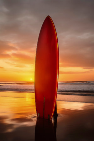 Generative AI illustration of a vividly colored surfboard stuck in the sand of a beach on holidays. summer conceptの素材