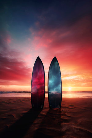 Generative AI illustration of a vividly colored surfboard stuck in the sand of a beach on holidays. summer conceptの素材