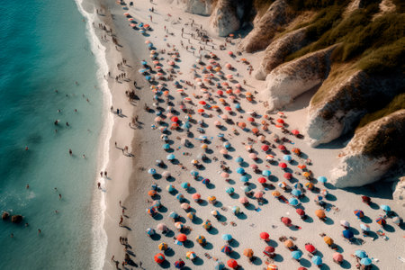Generative AI illustration of Colorful beach umbrellas on a sunny day from above view. holidays conceptの素材