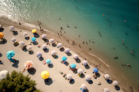 Generative AI illustration of Colorful beach umbrellas on a sunny day. holidays conceptの素材