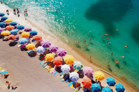 Generative AI illustration of Colorful beach umbrellas on a sunny day from above view. holidays conceptの素材