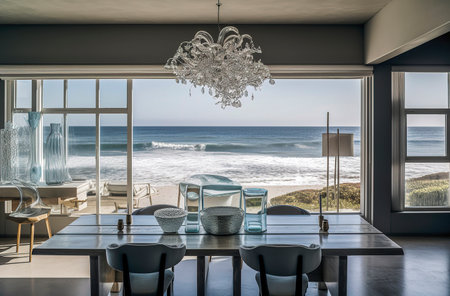 Generative AI illustration Beachfront 40 meter dining room with table and chairs and surfboard, style surf house, very modern interior design, glass, fully furnished with natural designer furniture.Beach view. home conceptの素材