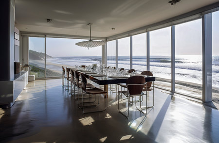 Generative AI illustration Beachfront 40 meter dining room with table and chairs and surfboard, style surf house, very modern interior design, glass, fully furnished with natural designer furniture.Beach view. home conceptの素材
