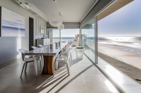 Generative AI illustration Beachfront 40 meter dining room with table and chairs and surfboard, style surf house, very modern interior design, glass, fully furnished with natural designer furniture.Beach view. home conceptの素材