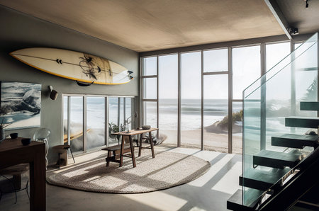 Generative AI illustration Beachfront 40 meter dining room with table and chairs and surfboard, style surf house, very modern interior design, glass, fully furnished with natural designer furniture.Beach view. home conceptの素材