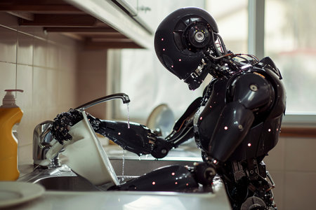 Generative AI illustration of next-generation AI robot cleaning dishes in the kitchen. Artificial intelligence at homeの素材