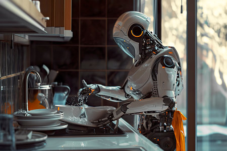 Generative AI illustration of next-generation AI robot cleaning dishes in the kitchen. Artificial intelligence at homeの素材