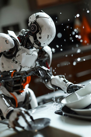 Generative AI illustration of next-generation AI robot cleaning dishes in the kitchen. Artificial intelligence at homeの素材