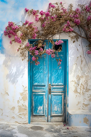 Generative AI illustration of blue door of rustic house with bougainvillea at the entrance. village houseの素材