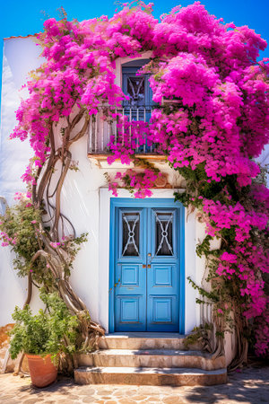 Generative AI illustration of blue door of rustic house with bougainvillea at the entrance. village houseの素材