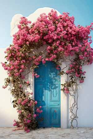 Generative AI illustration of blue door of rustic house with bougainvillea at the entrance. village houseの素材