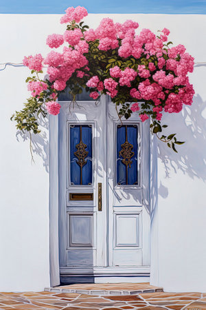 Generative AI illustration of blue door of rustic house with bougainvillea at the entrance. village houseの素材