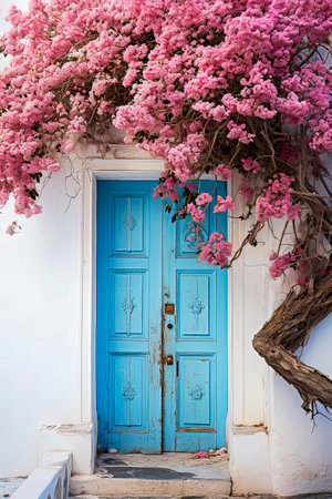 Generative AI illustration of blue door of rustic house with bougainvillea at the entrance. village houseの素材