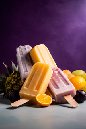 Generative AI illustration of Homemade natural fruit popsicles ice cream with colored backgrounds. summer conceptの素材