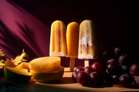 Generative AI illustration of Homemade natural fruit popsicles ice cream with colored backgrounds. summer conceptの素材
