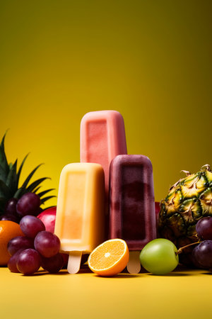 Generative AI illustration of Homemade natural fruit popsicles ice cream with colored backgrounds. summer conceptの素材