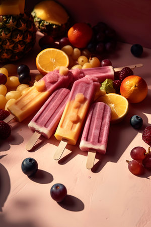 Generative AI illustration of Homemade natural fruit popsicles ice cream with colored backgrounds. summer conceptの素材