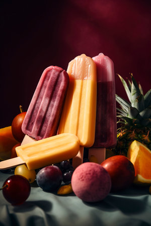 Generative AI illustration of Homemade natural fruit popsicles ice cream with colored backgrounds. summer conceptの素材