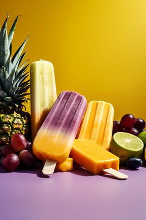 Generative AI illustration of Homemade natural fruit popsicles ice cream with colored backgrounds. summer conceptの素材
