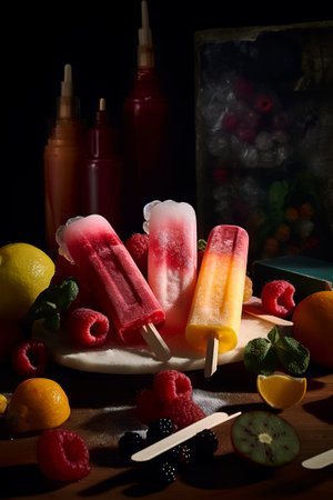Generative AI illustration of Homemade natural fruit popsicles ice cream with colored backgrounds. summer conceptの素材