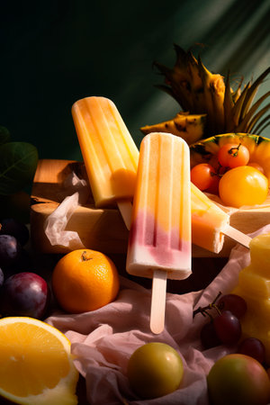 Generative AI illustration of Homemade natural fruit popsicles ice cream with colored backgrounds. summer conceptの素材