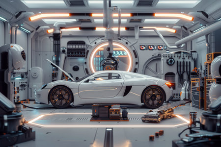 Robotic chain factory with artificial intelligence. Smart industrial.Ai concept. car factoryの素材