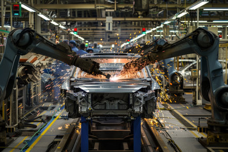 Robotic chain factory with artificial intelligence. Smart industrial.Ai concept. car factoryの素材