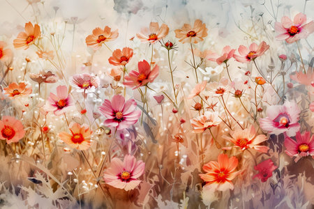 Artistic illustration of very cute little flowers bright colors multicolor watercolor painting with copy space. Simple pattern. Artworkの素材