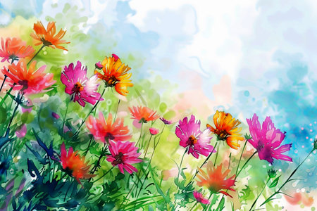 Artistic illustration of very cute little flowers bright colors multicolor watercolor painting with copy space. Simple pattern. Artworkの素材