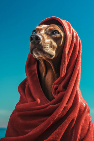 Funny dog on summer beach vacation with a towel around his head on a sunny day. anthropomorphic animalの素材