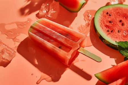 Homemade healthy watermelon popsicles with bright colored backgrounds and sunlight.Natural fruitsの素材